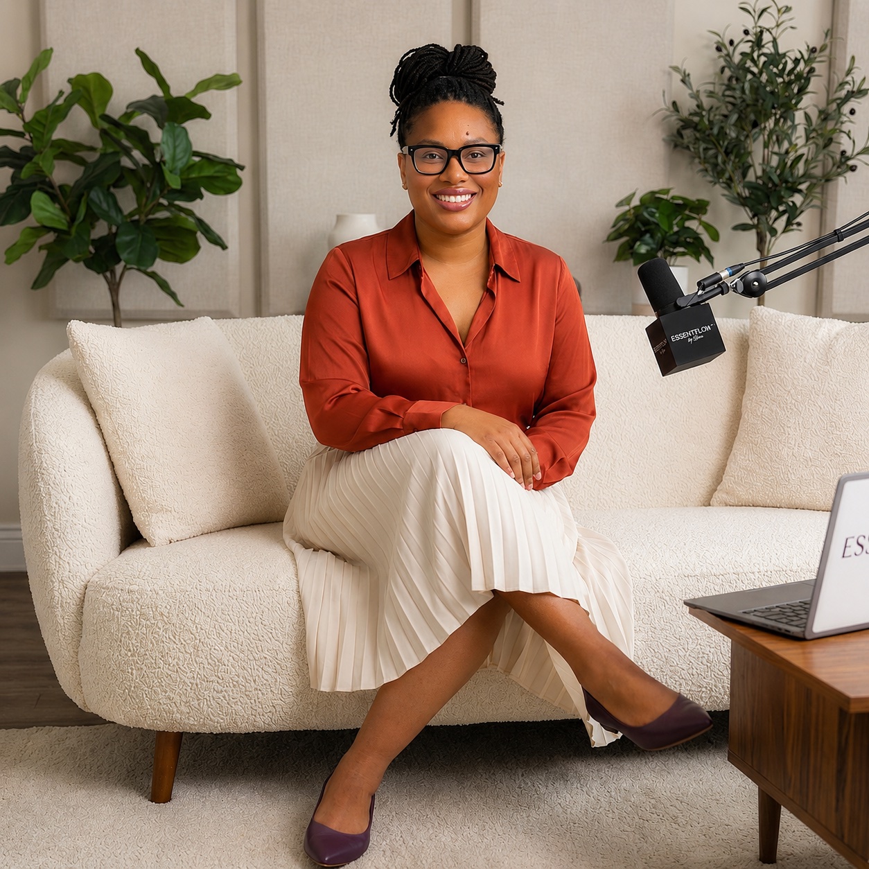 Shae Thomas, researcher and founder of ESSENTFLOW™: The Seeing Room™, seated with the recording setup she uses for the Unspoken Truths podcast — the same research she brings into The Lab.